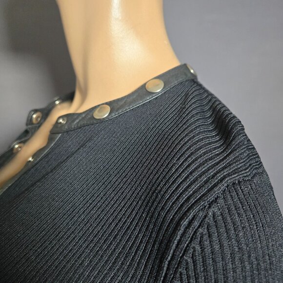 Y2K Black Ribbed Sweater Silver Snap Buttons Leather Trim Size S Gothic Vampy - Picture 7 of 13